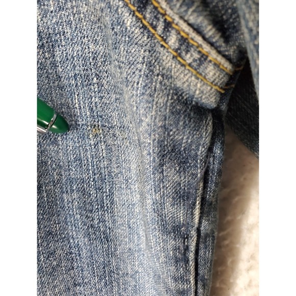 Lee Wrangler Trucker Denim Jacket Mens M Blue Faded Distressed LM45128 Fits L - Picture 6 of 12